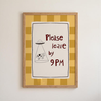 Please Leave by 9PM Wall Art, Funny Alien Cow Print, Introvert Home Decor (MR129)