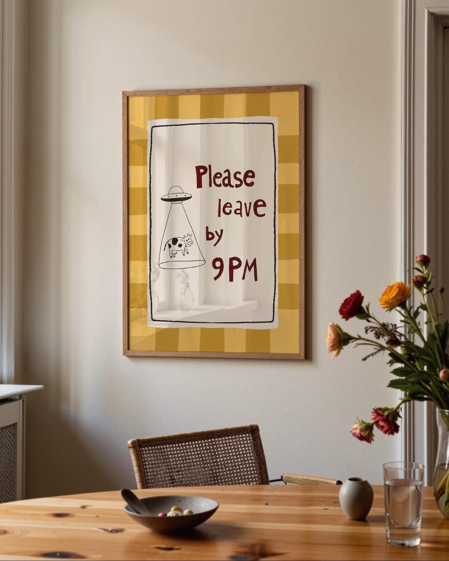 Please Leave by 9PM Wall Art, Funny Alien Cow Print, Introvert Home Decor (MR129)