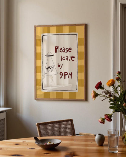 Please Leave by 9PM Wall Art, Funny Alien Cow Print, Introvert Home Decor (MR129)