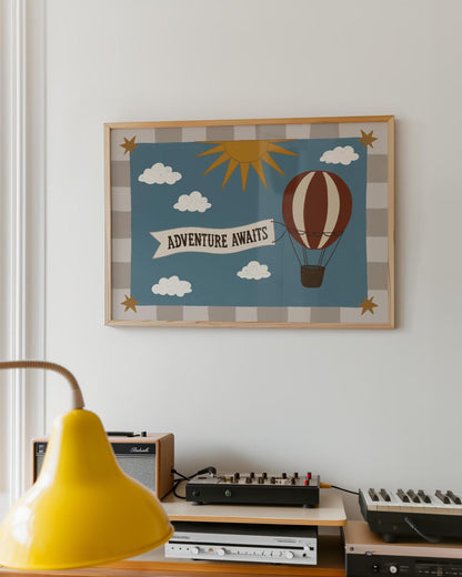 Hot Air Balloon Nursery Print, Whimsical Kids Wall Art, Adventure Awaits, Unframed (MR130)