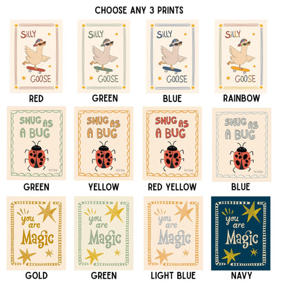 Playroom Wall Art, Nursery Decor, Silly Goose, You Are Magic, Snug Bug, Kids Room Print Set of 3 (ST5)