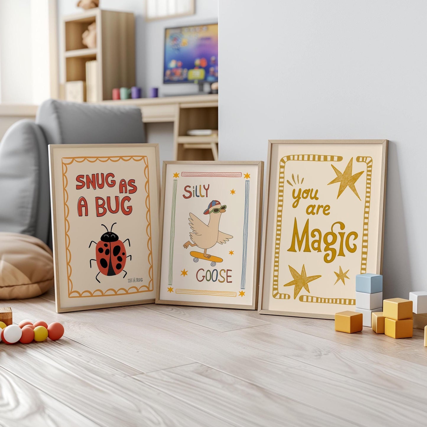 Playroom Wall Art, Nursery Decor, Silly Goose, You Are Magic, Snug Bug, Kids Room Print Set of 3 (ST5)