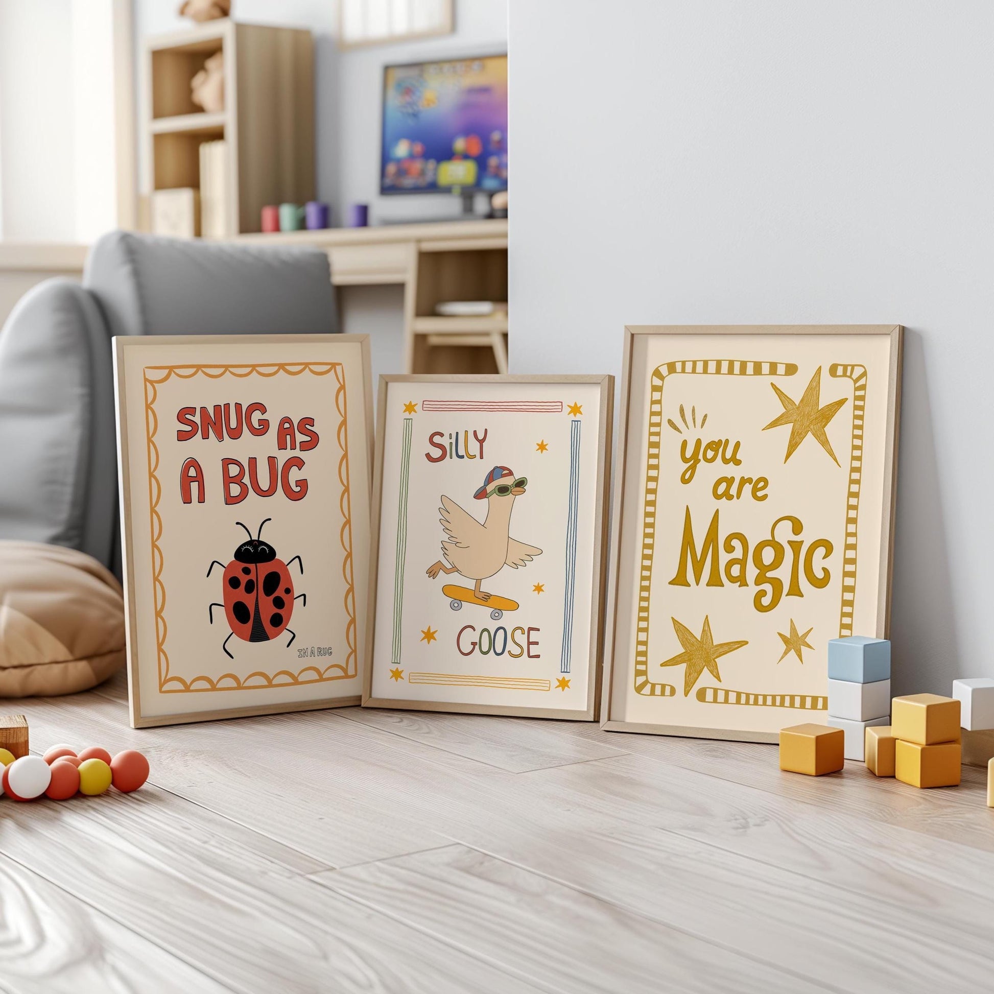Playroom Wall Art, Nursery Decor, Silly Goose, You Are Magic, Snug Bug, Kids Room Print Set of 3 (ST5)
