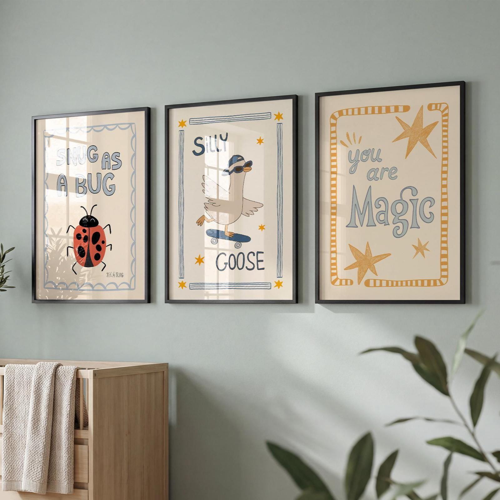 Playroom Wall Art, Nursery Decor, Silly Goose, You Are Magic, Snug Bug, Kids Room Print Set of 3 (ST5)