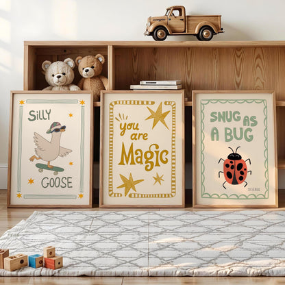 Playroom Wall Art, Nursery Decor, Silly Goose, You Are Magic, Snug Bug, Kids Room Print Set of 3 (ST5)
