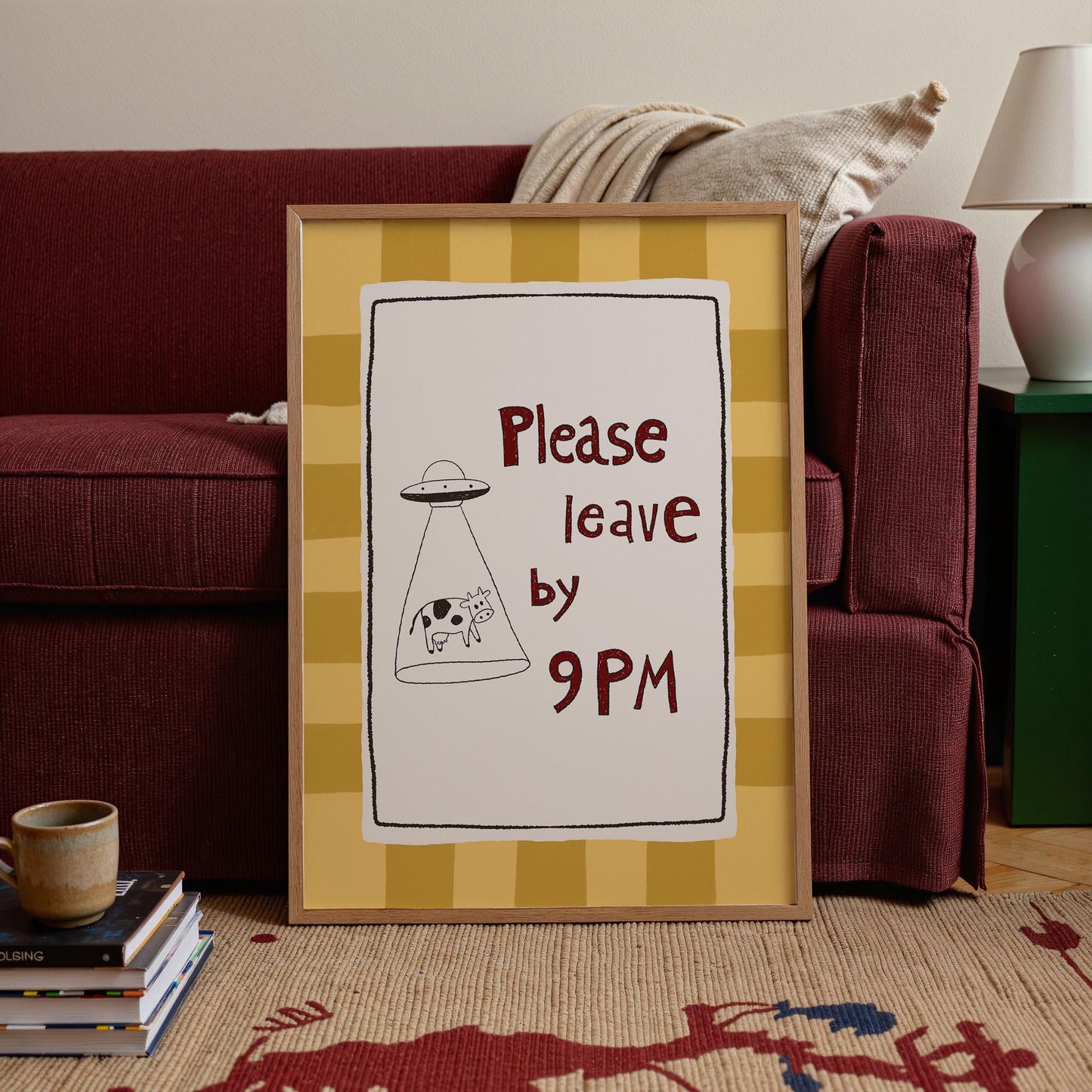 Please Leave by 9PM Wall Art, Funny Alien Cow Print, Introvert Home Decor (MR129)
