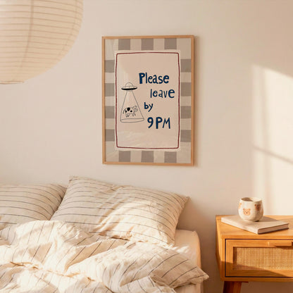 Please Leave by 9PM Wall Art, Funny Alien Cow Print, Introvert Home Decor (MR129)