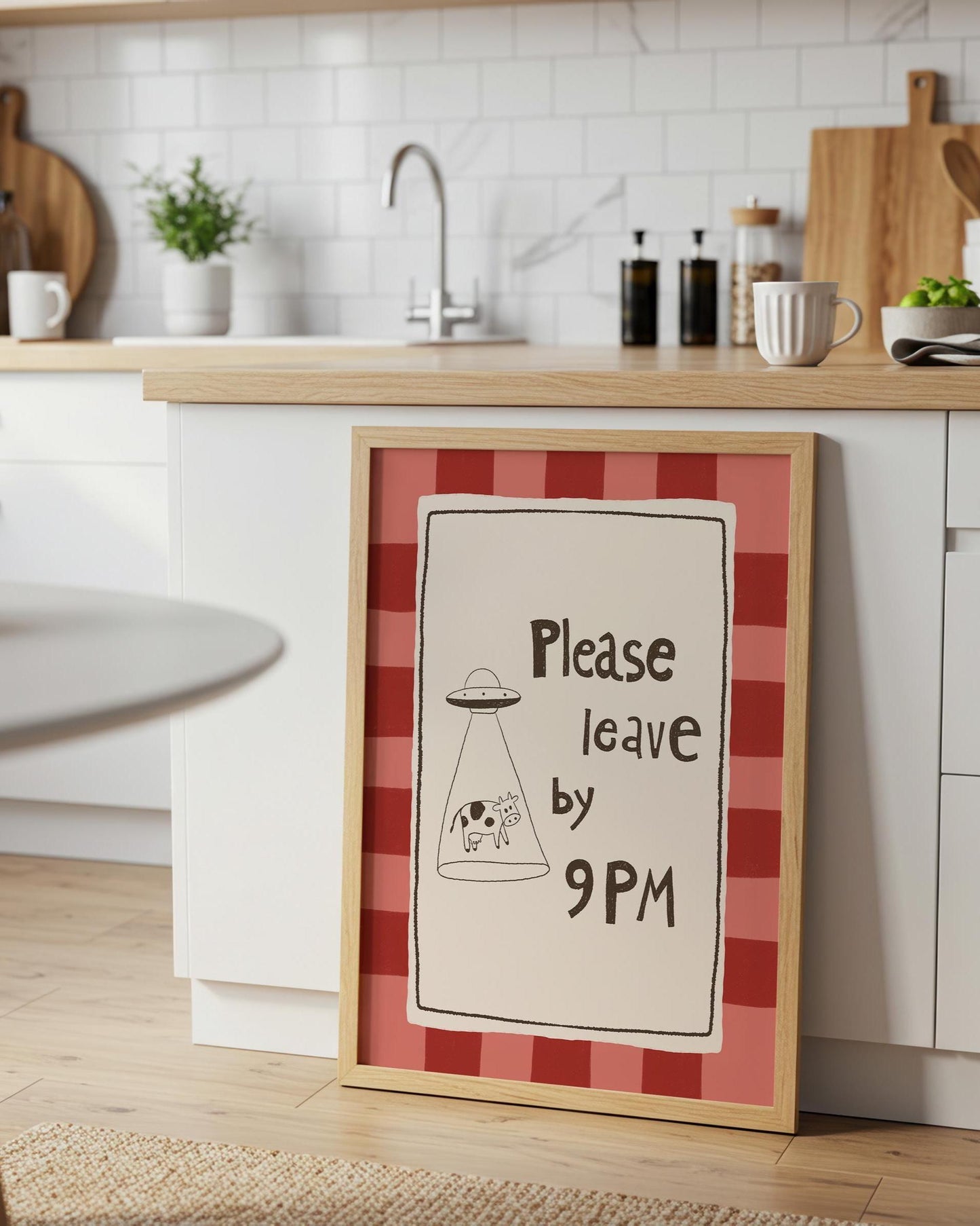 Please Leave by 9PM Wall Art, Funny Alien Cow Print, Introvert Home Decor (MR129)