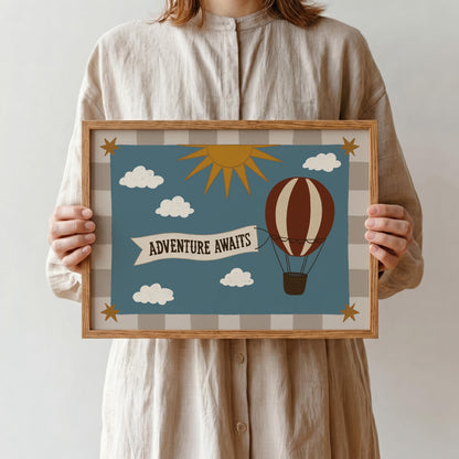 Hot Air Balloon Nursery Print, Whimsical Kids Wall Art, Adventure Awaits, Unframed (MR130)