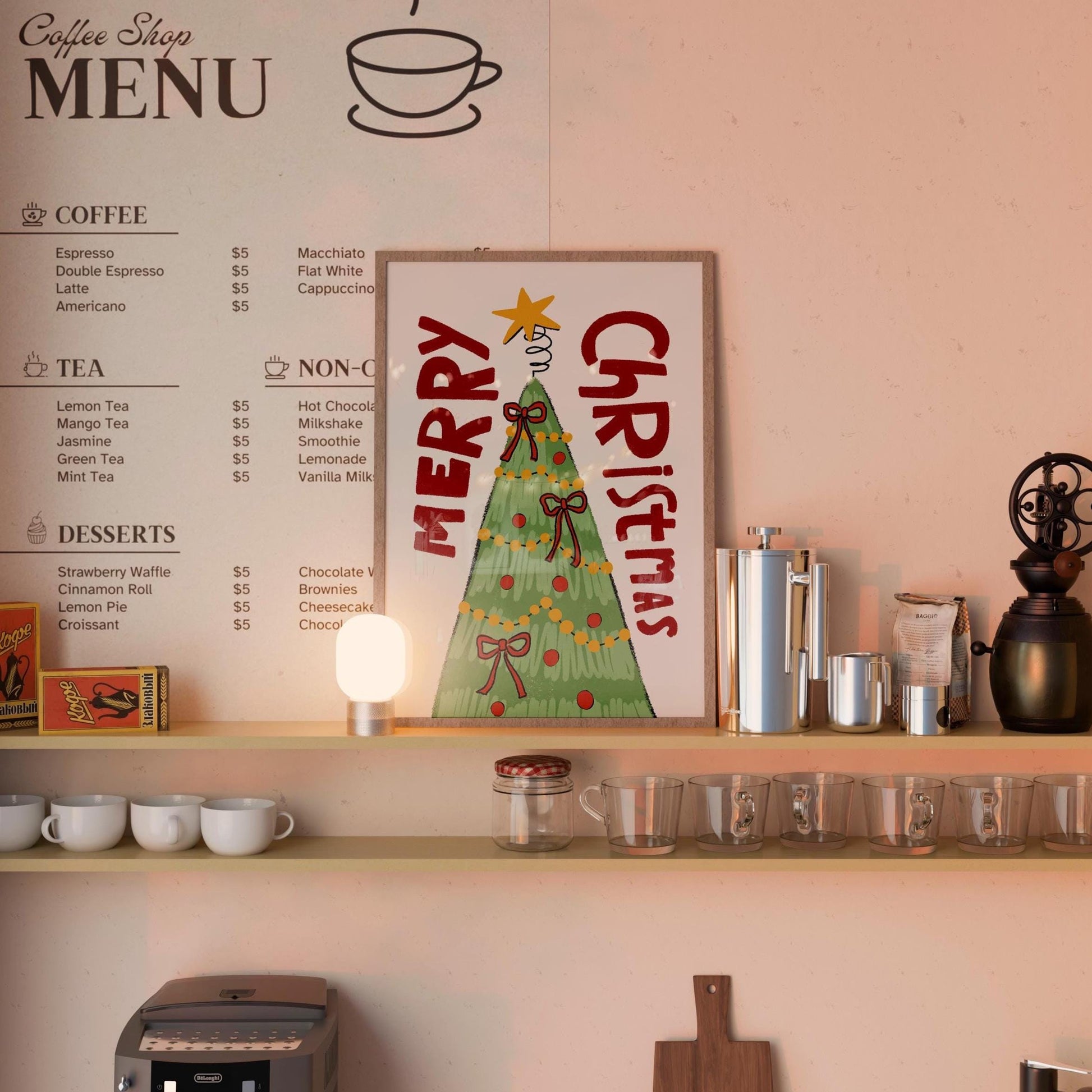 Merry Christmas Wall Art Print • Hand Drawn Christmas Tree Poster • Whimsical Holiday Decor MR55
