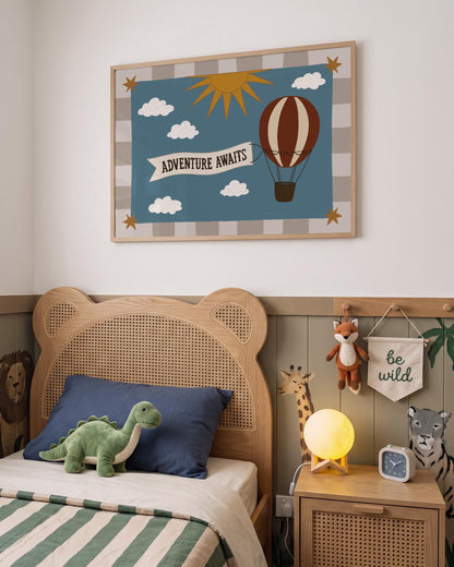 Hot Air Balloon Nursery Print, Whimsical Kids Wall Art, Adventure Awaits, Unframed (MR130)