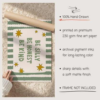 Be Silly Honest Kind Print, Stars Kids Playroom Poster, Toddler Colorful Wall Decor (MR106)
