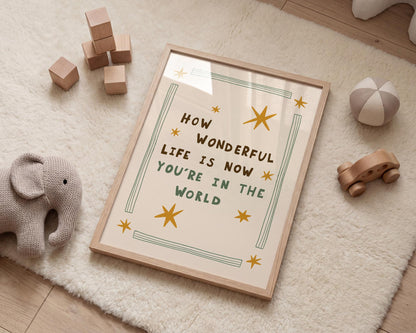 How Wonderful Life Is Now You’re in the World Print, Nursery Wall Art, Playroom Decor (MR138)