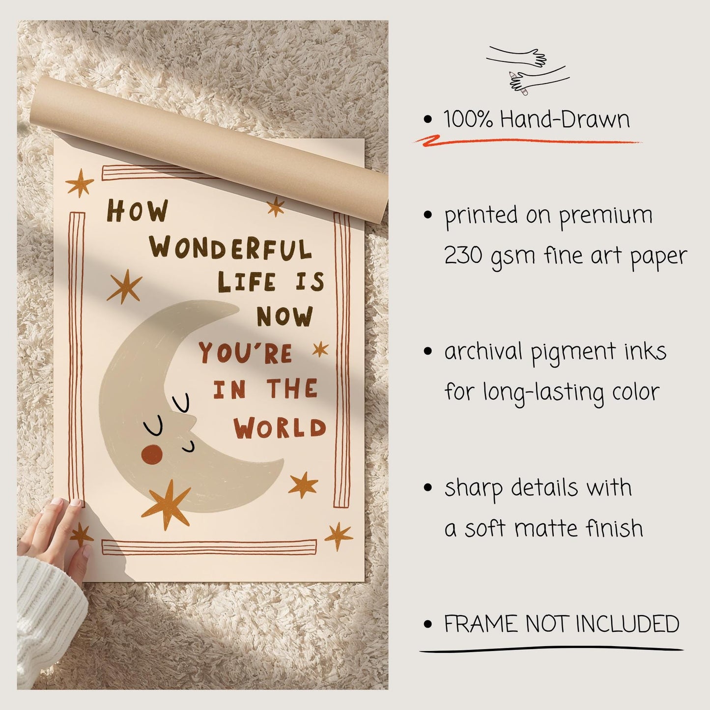 How Wonderful Life Is Now You’re in the World, Hand-Drawn Moon Nursery Print (MR139)