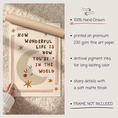 How Wonderful Life Is Now You’re in the World, Hand-Drawn Moon Nursery Print (MR139)