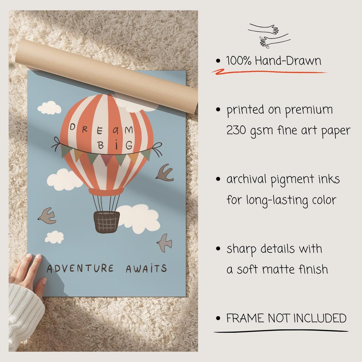Hot Air Balloon Nursery Print Dream Big Wall Art Kids Room Playroom Decor (MR133)
