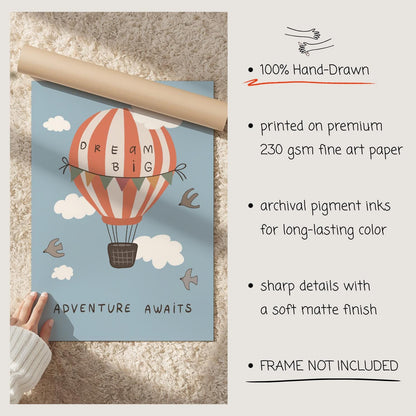 Hot Air Balloon Nursery Print Dream Big Wall Art Kids Room Playroom Decor (MR133)