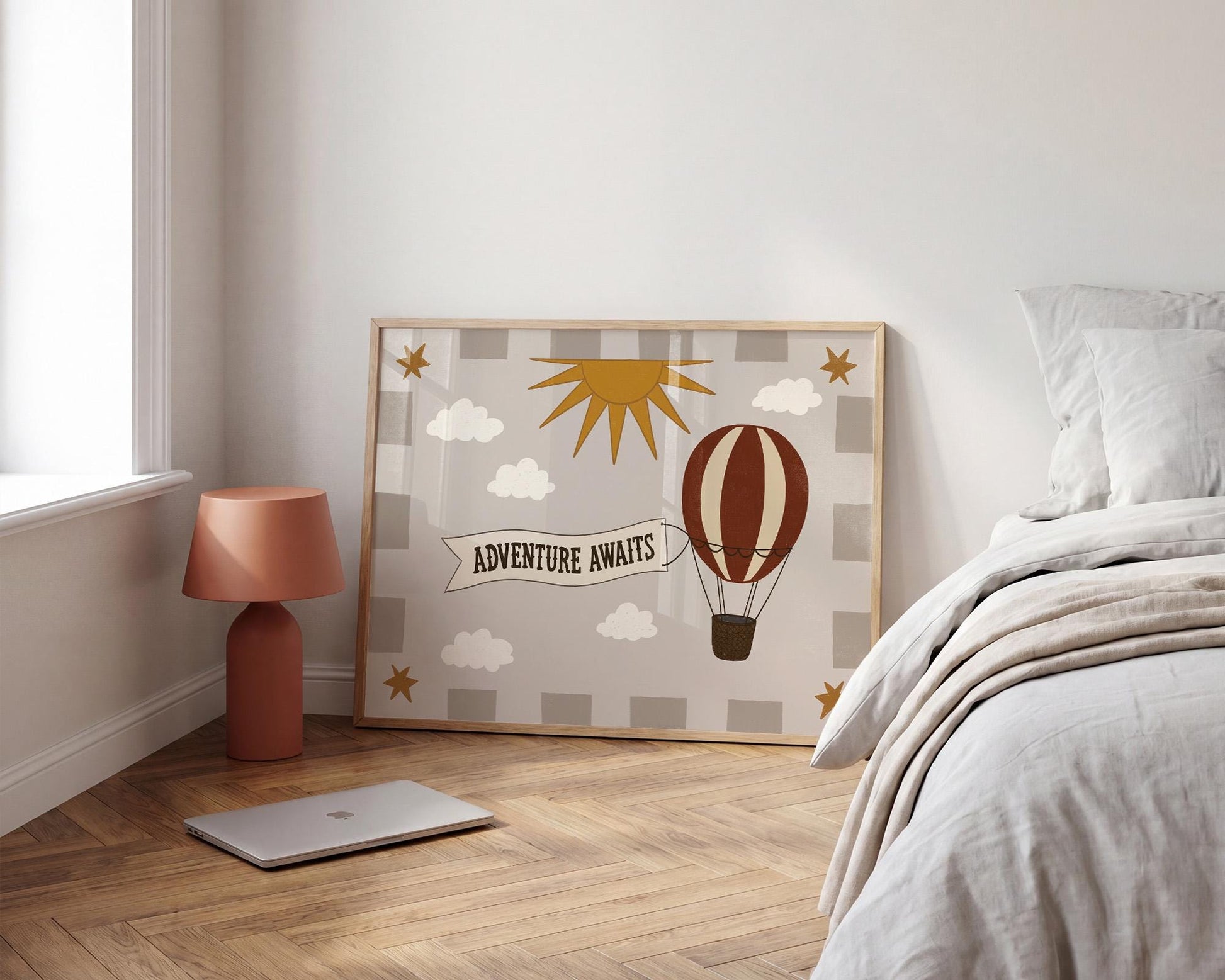 Hot Air Balloon Nursery Print, Whimsical Kids Wall Art, Adventure Awaits, Unframed (MR130)