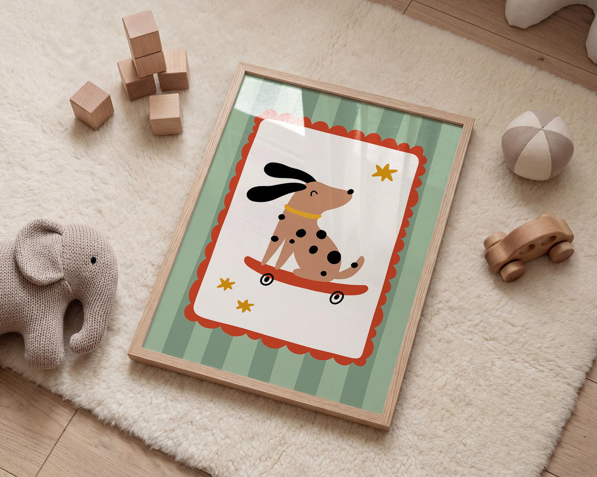 Skater Dog Poster, Kids Room Decor, Retro Nursery Wall Art, Striped Print (MR152) — poster 3