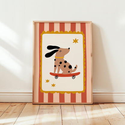 Skater Dog Poster, Kids Room Decor, Retro Nursery Wall Art, Striped Print (MR152) — poster 1