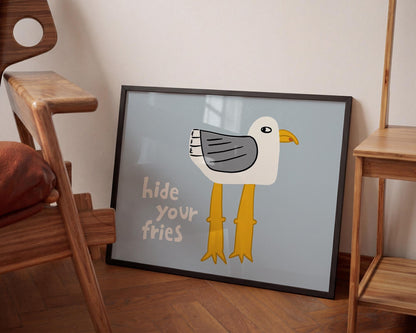Funny Seagull Print, Quirky Coastal Wall Art, Hide Your Fries Poster (MR161) — poster 6