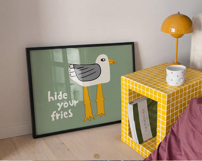 Funny Seagull Print, Quirky Coastal Wall Art, Hide Your Fries Poster (MR161) — poster 2