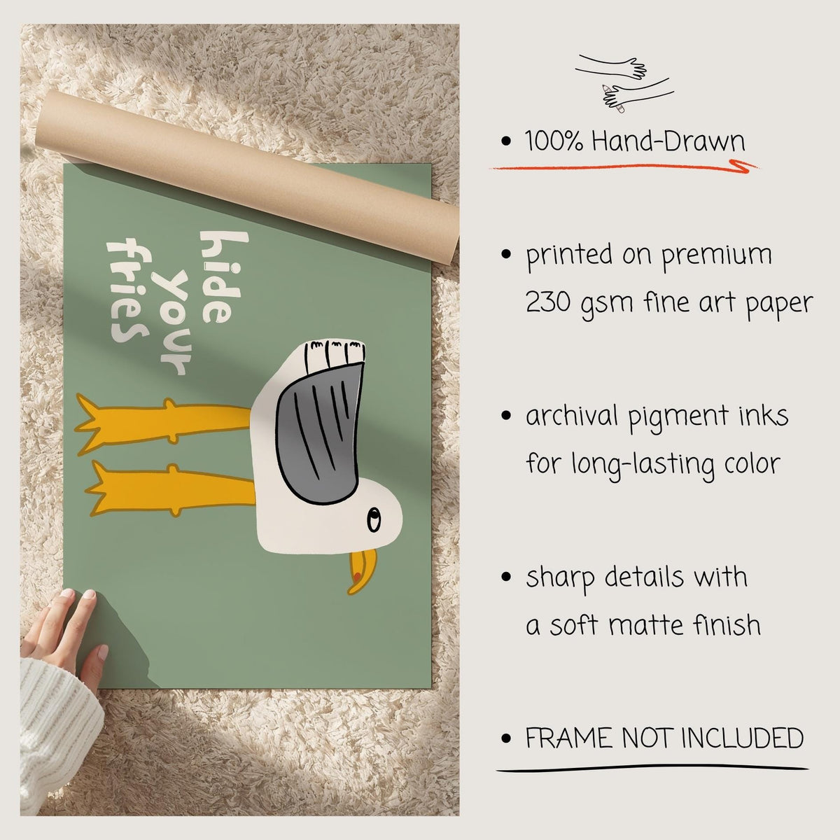 Funny Seagull Print, Quirky Coastal Wall Art, Hide Your Fries Poster (MR161) — poster 7