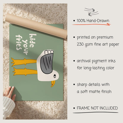 Funny Seagull Print, Quirky Coastal Wall Art, Hide Your Fries Poster (MR161) — poster 7