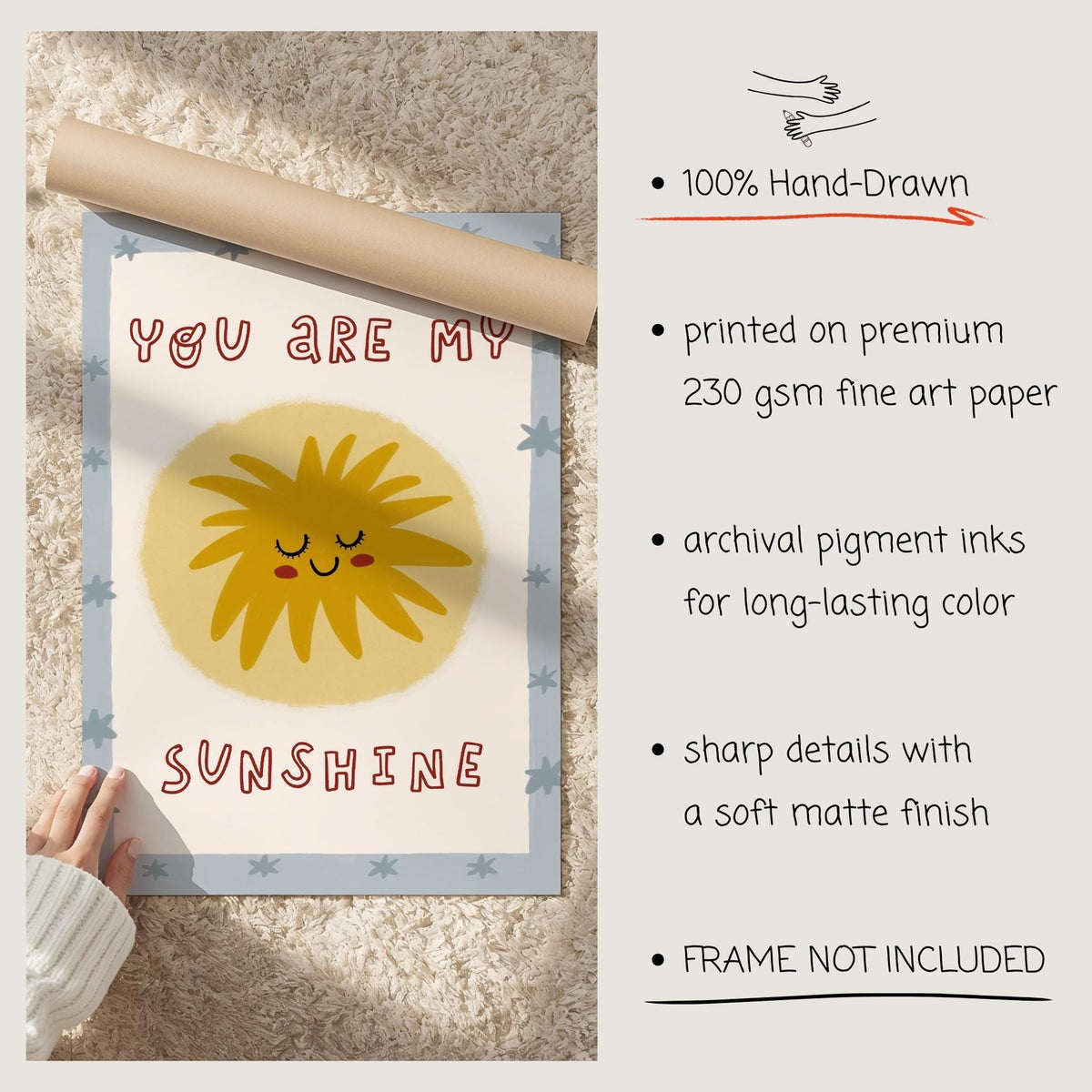 You Are My Sunshine Print, Hand Drawn Poster, Sun Playroom Wall Art, Nursery Decor (MR168) — poster 9