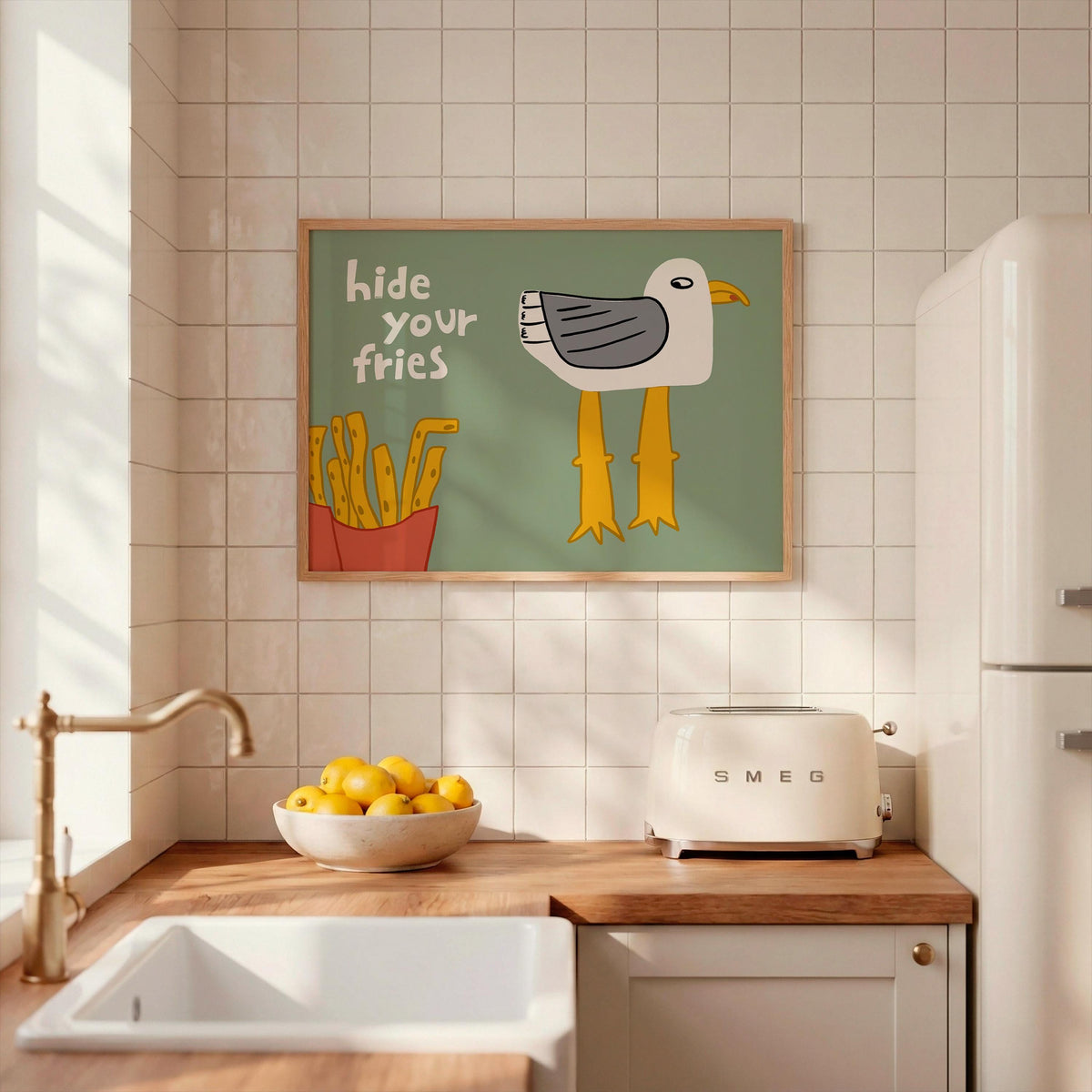 Funny Seagull Print, Beachy Wall Art, Quirky Beach House Decor, Hide Your Fries (MR162) — poster 2