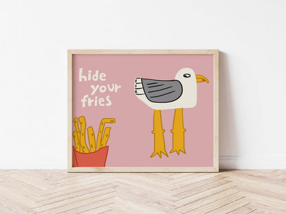 Funny Seagull Print, Beachy Wall Art, Quirky Beach House Decor, Hide Your Fries (MR162) — poster 14