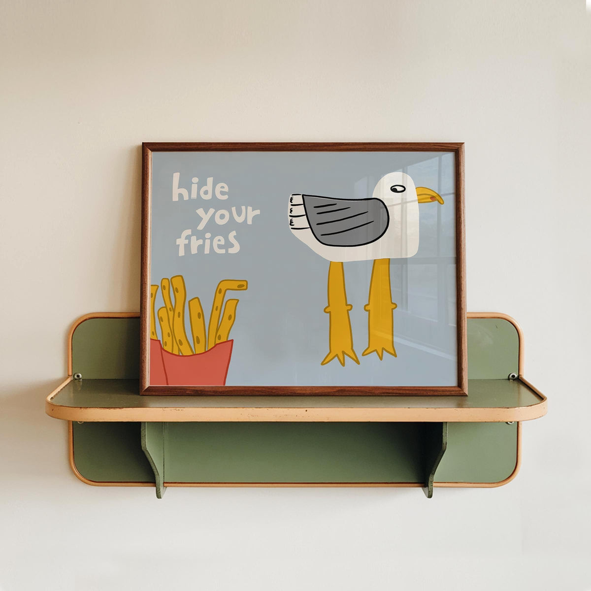 Funny Seagull Print, Beachy Wall Art, Quirky Beach House Decor, Hide Your Fries (MR162) — poster 1