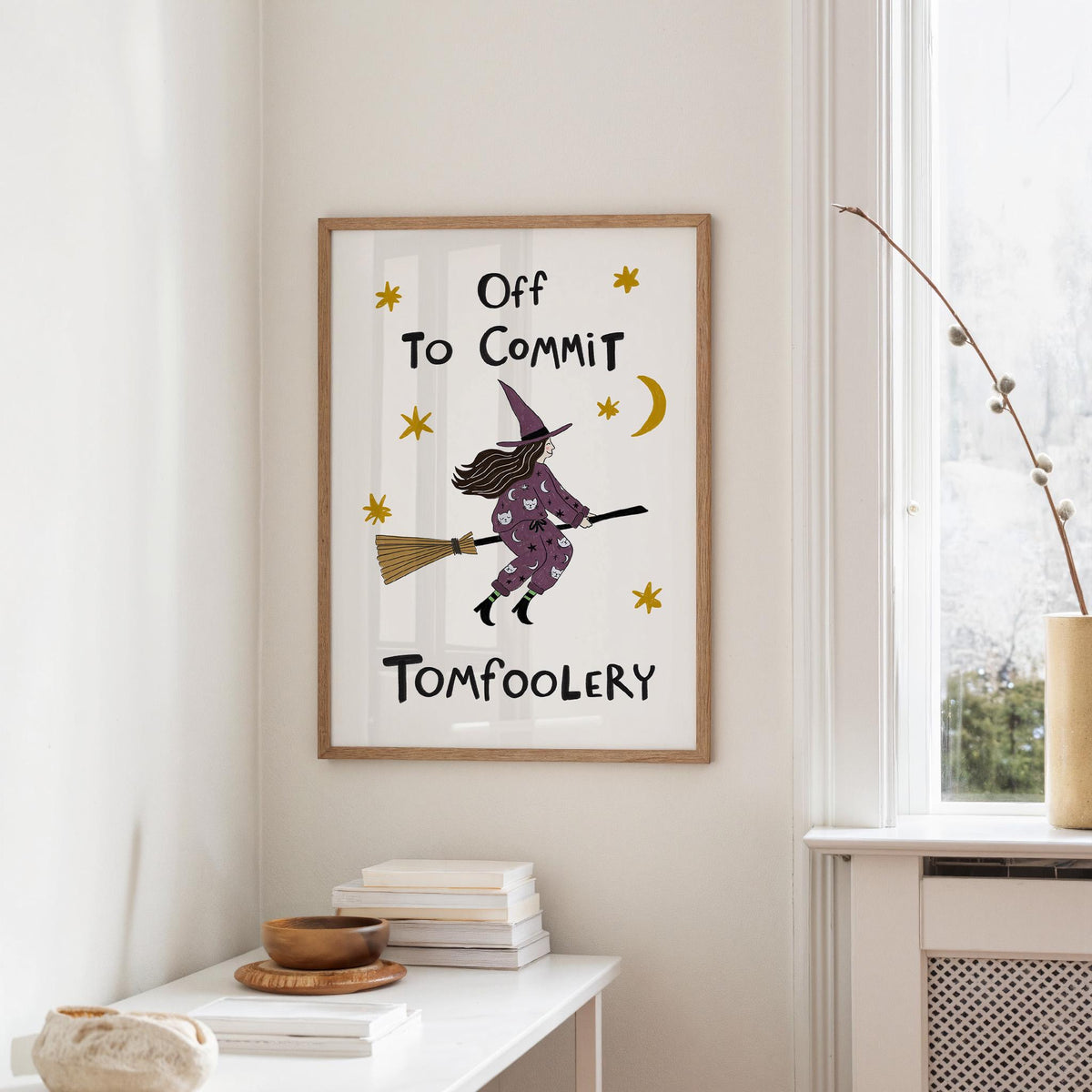 Funny Witch Halloween Poster, Witchy Decor, Off to Commit Tomfoolery, Hand Drawn Art (MR169) — poster 3