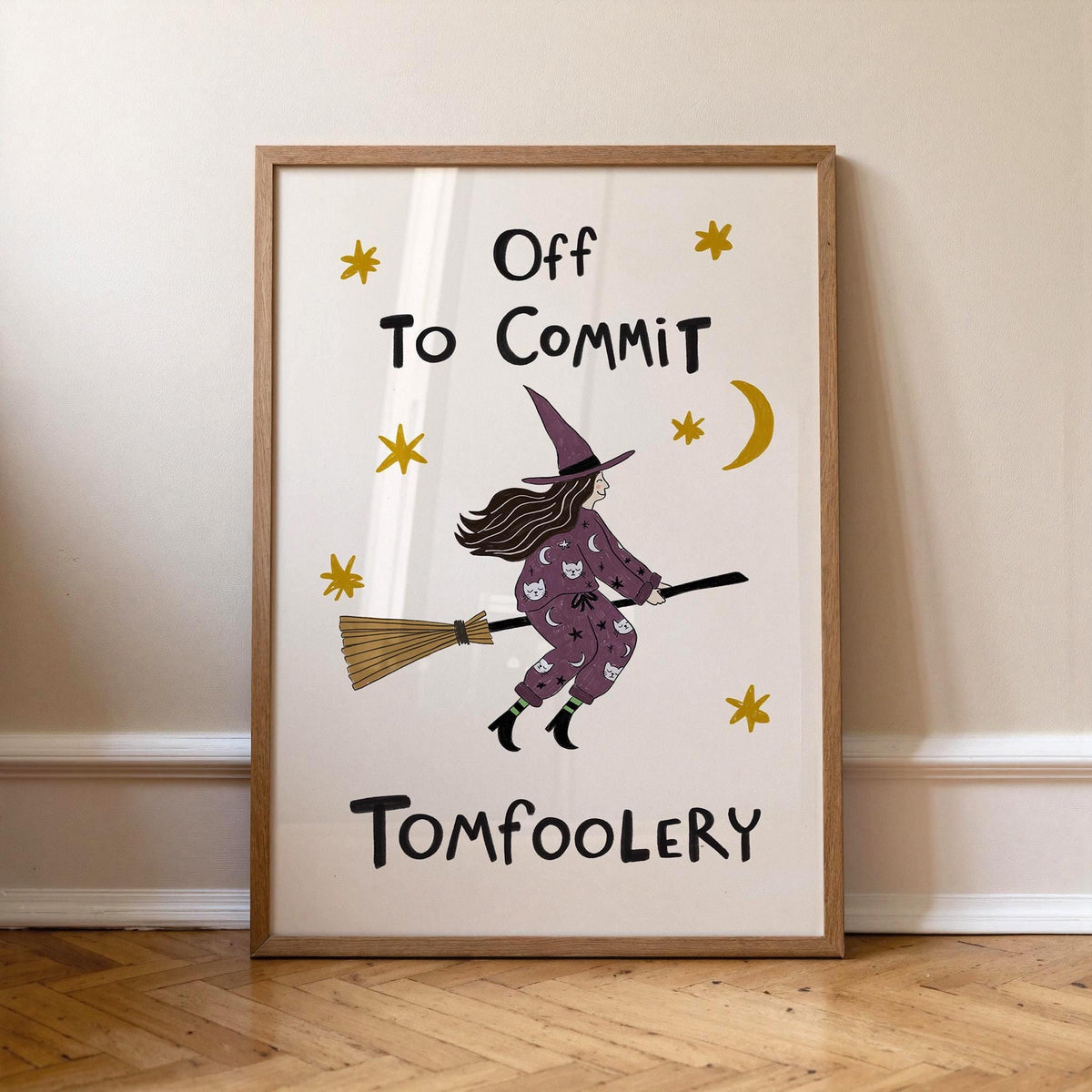 Funny Witch Halloween Poster, Witchy Decor, Off to Commit Tomfoolery, Hand Drawn Art (MR169) — poster 1