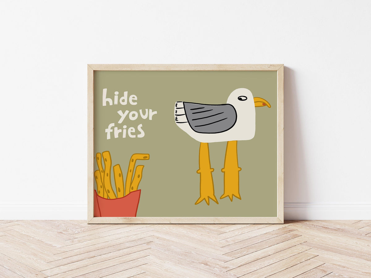 Funny Seagull Print, Beachy Wall Art, Quirky Beach House Decor, Hide Your Fries (MR162) — poster 12