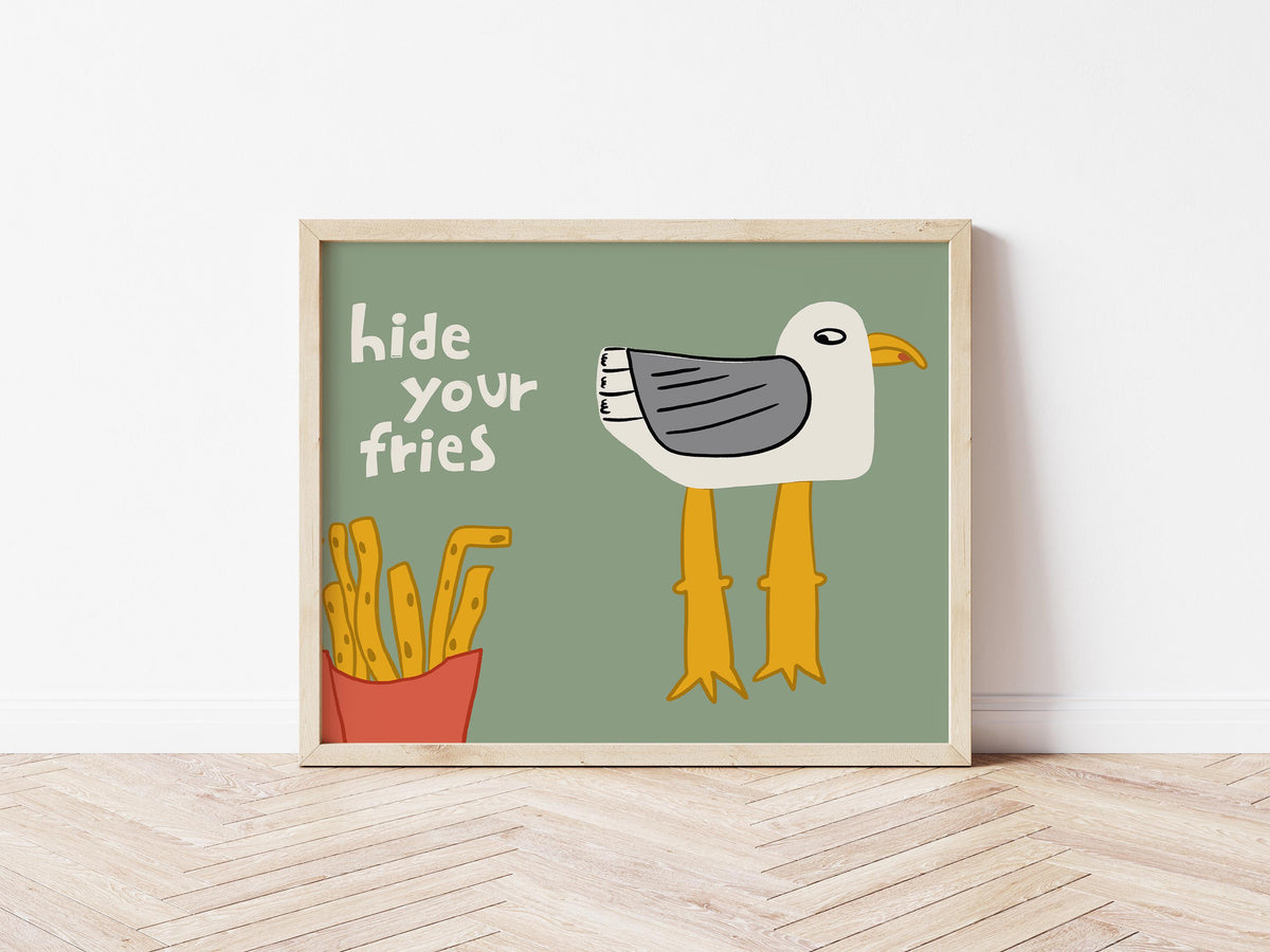 Funny Seagull Print, Beachy Wall Art, Quirky Beach House Decor, Hide Your Fries (MR162) — poster 13