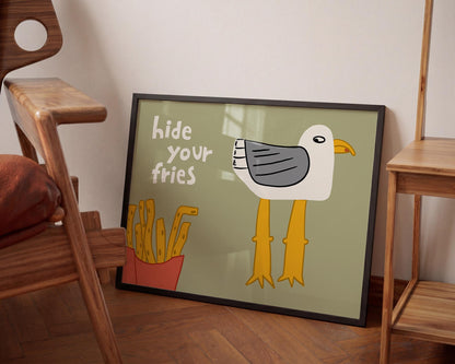 Funny Seagull Print, Beachy Wall Art, Quirky Beach House Decor, Hide Your Fries (MR162) — poster 3