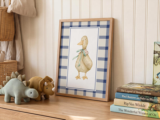 Vintage Goose Nursery Wall Art, Whimsical Duck Print, Blue Gingham Baby Room Decor N238 — poster 2