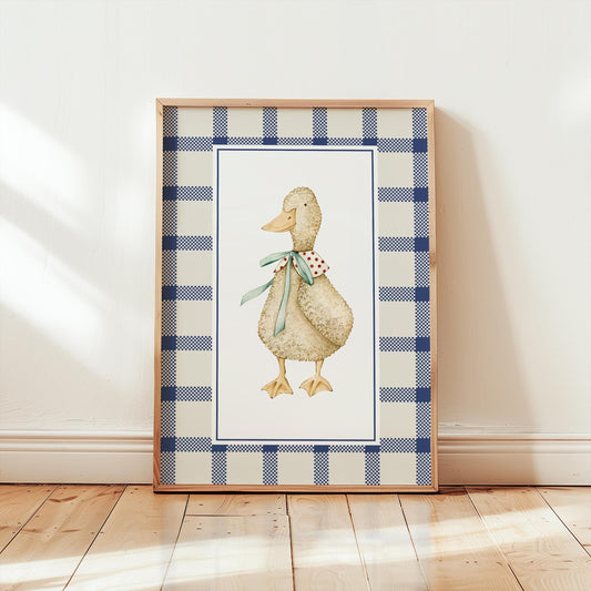 Vintage Goose Nursery Wall Art, Whimsical Duck Print, Blue Gingham Baby Room Decor N238 — poster 1